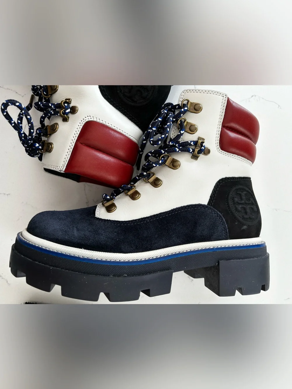 NWOB Tory Burch Miller lug boots color block leather suede size 6.5